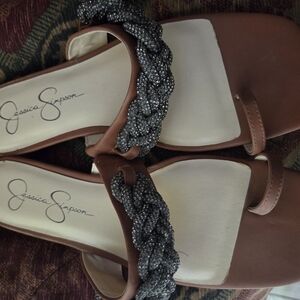 Jessica Simpson Tan Sandals with Glittery Black Braided Strap